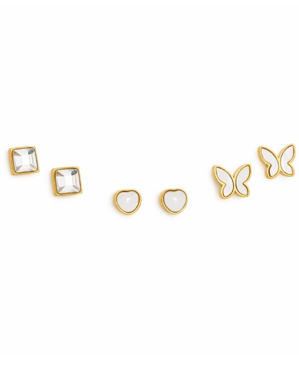Crystal Square, White Heart & Butterfly Outline Studs Earrings Combo Set of Three