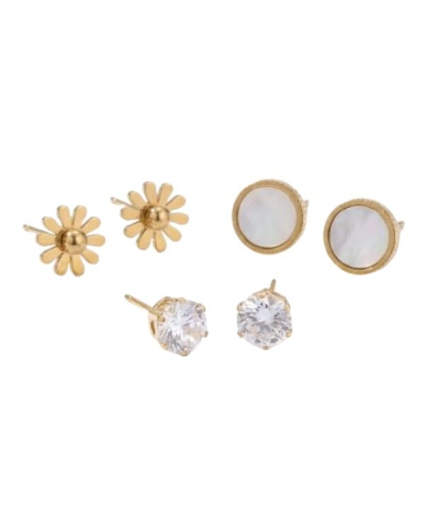 Gold Daisy, Sparkling Crystal Stud Earrings & White Mother-of-Pearl Round Studs Combo Set of Three
