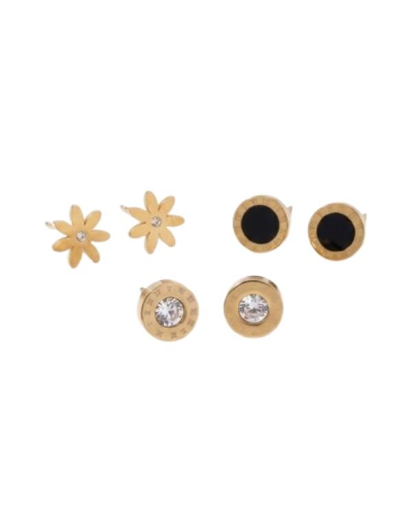 Daisy Studs, Crystal Roman Numeral & Black Enamel Round Stud Earrings Combo Set of Three