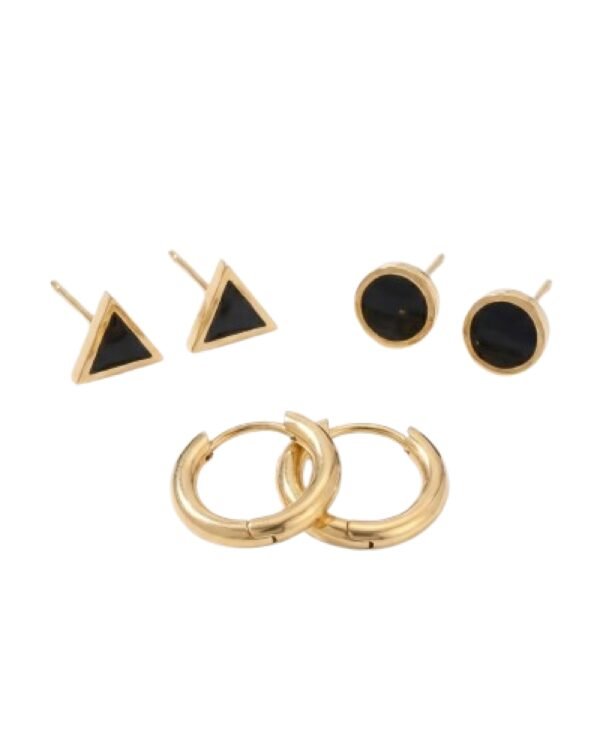Black Triangle Studs, Gold Mini Hoop & Black Enamel Round Studs Earrings Combo Set of Three